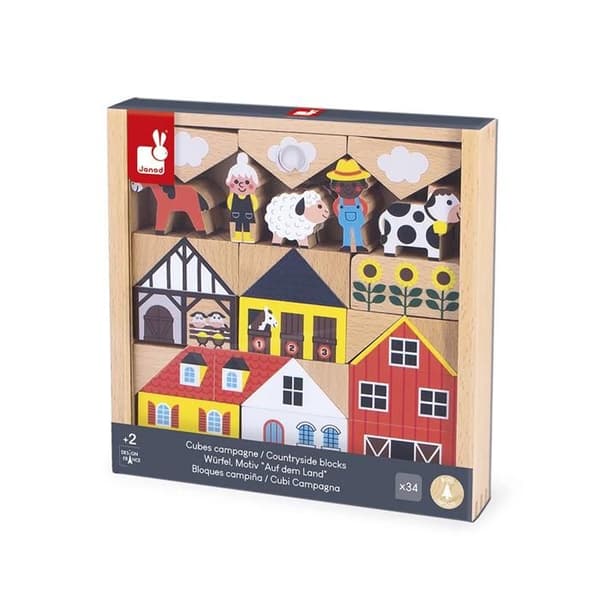 Set med 34 träblock Tema Landsbygd