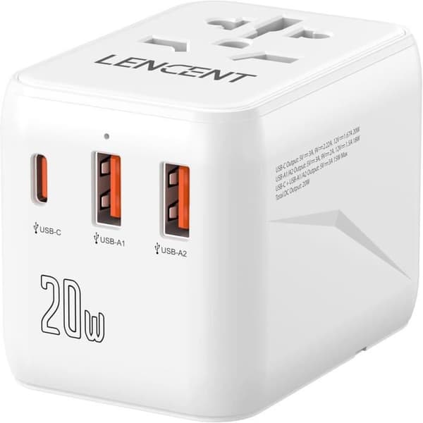Reseföradapter - LENCENT - Snabbladdning 20W - USB Typ C - Universell - Vit
