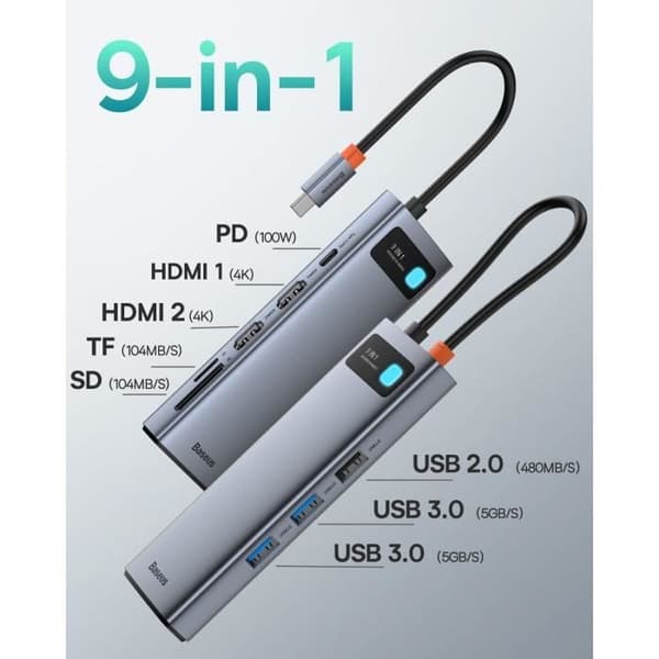 USB C-adapter - BASEUS - 9 i 1 - Dubbel HDMI 4K - 100W PD - Ethernet 1000M