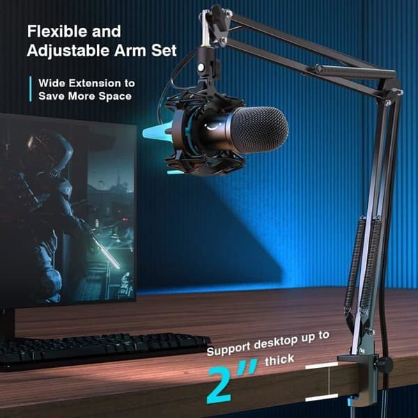 FIFINE USB Gaming Microphone Kit, dynamisk mikrofon för dator, med mute-knapp, 8 RGB-färger Shock Mount