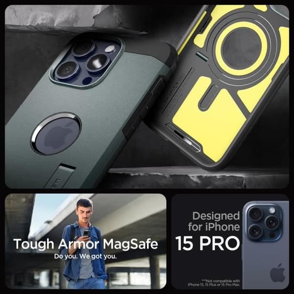 Magnetisk Skal - Spigen - iPhone 15 Pro - Stötsäker - Ställning - Grön