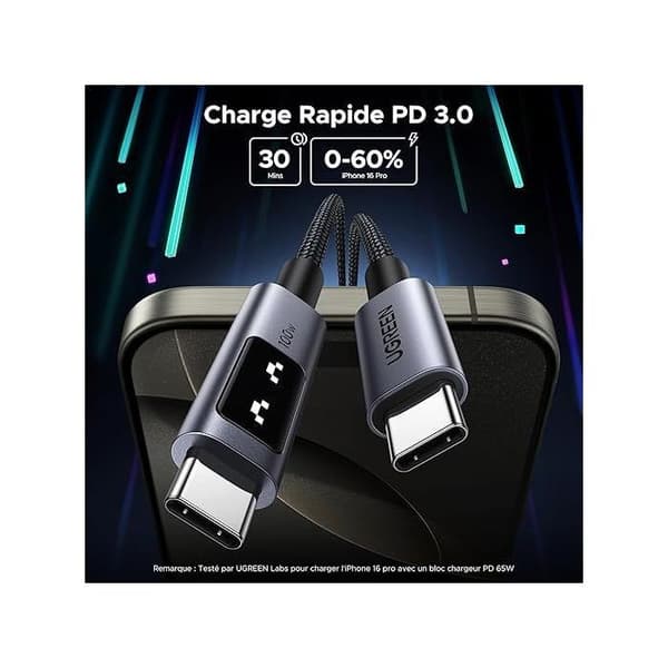 USB-C till USB-C datakabel - UGREEN - PD 100W - Nylon - 1 m - Svart