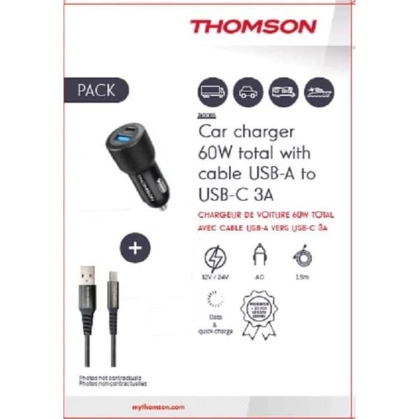 Pack THOMSON 2 i 1 med 60 W biladapter och 1,50 m USB-A / USB-C 3A laddnings- och datakabel