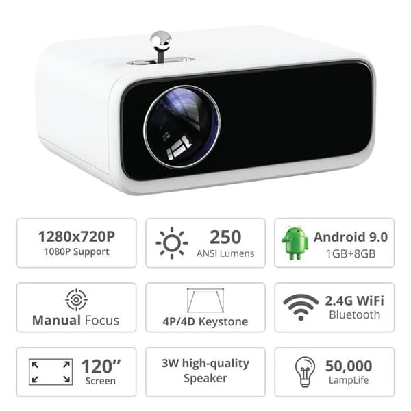 Portabel LED-Projektor - Wanbo - Mini Pro - Android 9.0 - 720p HD - Skärm 176" - WiFi & Bluetooth