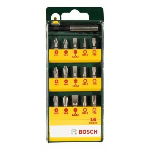 skruvbitskassett - BOSCH - 16 delar - bits L=25 mm - PH/PZ/SL/HEX/T - magnetisk bitsfäste