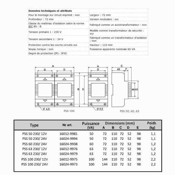 Enfas isoleringstransformator - PSS-60 - 230/24 V - 60 VA - IP30 (DIN TH-35 montering)