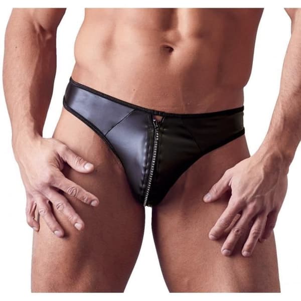 Svart Wet Look stringtrosa med strassdragkedja - S - Herr