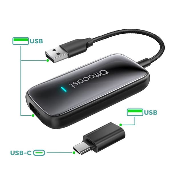 USB-adapter - AVIZAR - Ottocast - USB/USB-C - Trådlös CarPlay och Android Auto - Automatisk Bluetooth/Wi-Fi
