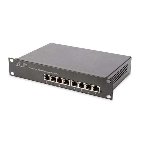 DIGITUS Professional DN-95317 Unmanaged Switch - 8 x 10-100-1000 (PoE) - Väggfäste