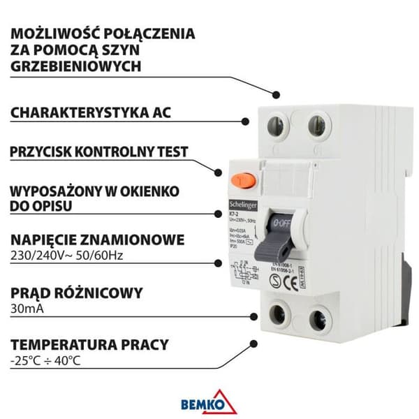 Differentialbrytare AC - SCHELINGER - 2P 40A 30mA - IP20 - Kompakt 83x68x36mm