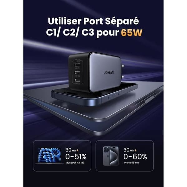 USB-C-laddare 65W - UGREEN - Nexode 65W - GaNInfinity - 3 USB-C-portar - Kompakt