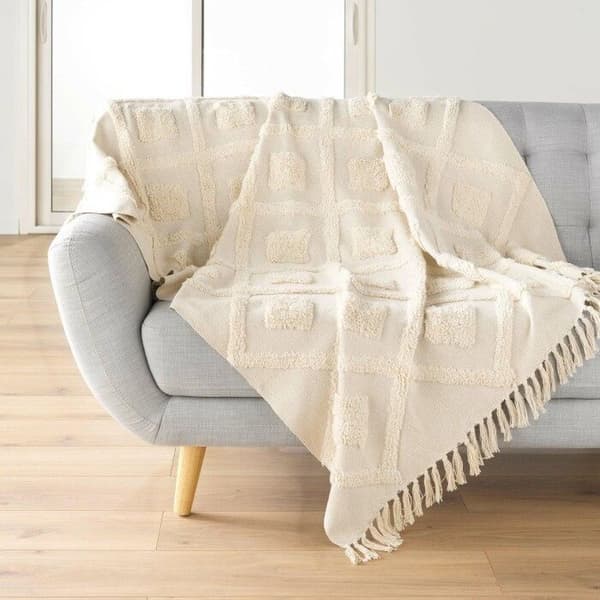 Franspläd 125 x 150 cm – Vävt i bomull/polyester med texturerad Inca
