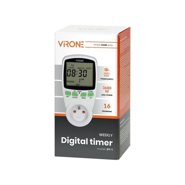 Elektronisk tidsprogrammerare - Virone - ON-DT-1 - 16A - 230V~50Hz - IP20 - Väggmontering - 3680W max