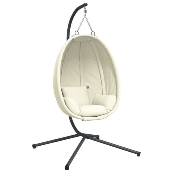 Hängstol i äggform med beige tyg och stålstöd