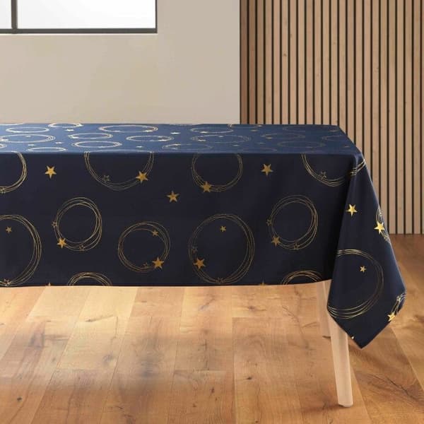 Rektangulär duk 150 x 240 cm polyester tryckt med metallisk stjärnmönster i marinblått / guld