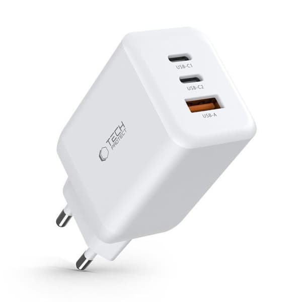 Laddare - Tech-Protect C65W - 65W - 3 portar - Snabbladdning 3.0 - Vit