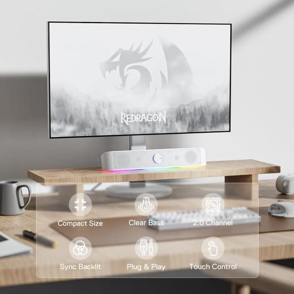 Redragon GS560 PC-ljudbar 2.0, USB + 3,5 mm jack, dynamisk belysning, vit
