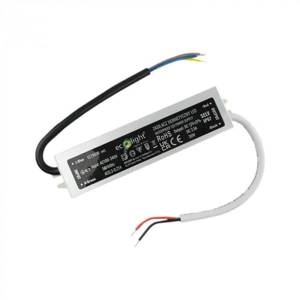 Vattentät LED-transformator 30W 12V 2.5A 160x30x20 ECOLIGHT