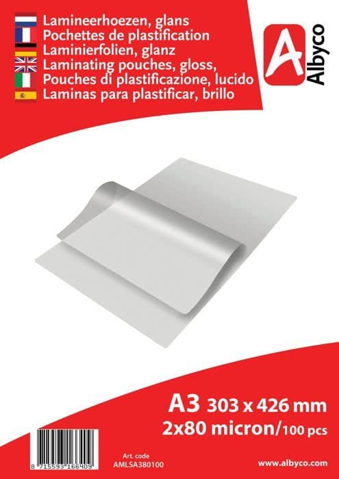 Albyco Plastifieringsark A3 303 x 426 mm - 100-pack, 160 mikron (2 x 80)