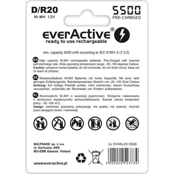 Pack om 2 uppladdningsbara batterier LR20 5500 mAh förladdade