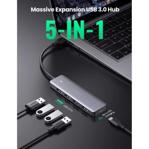 USB 3.0-hubb - UGREEN - 4 portar - Micro USB-strömförsörjning - LED-indikator - 5 Gbps