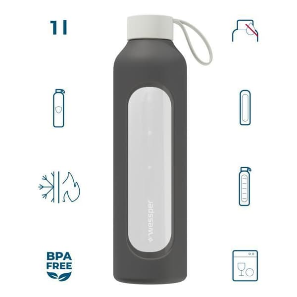 Glasflaska - WESSPER B1 BOROSILIKAT - 1000ml - Silikonskal - grå
