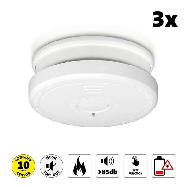 Röksensor - ALECTO - SA20 3X - Larm 85dB - Stoppknapp - Vit