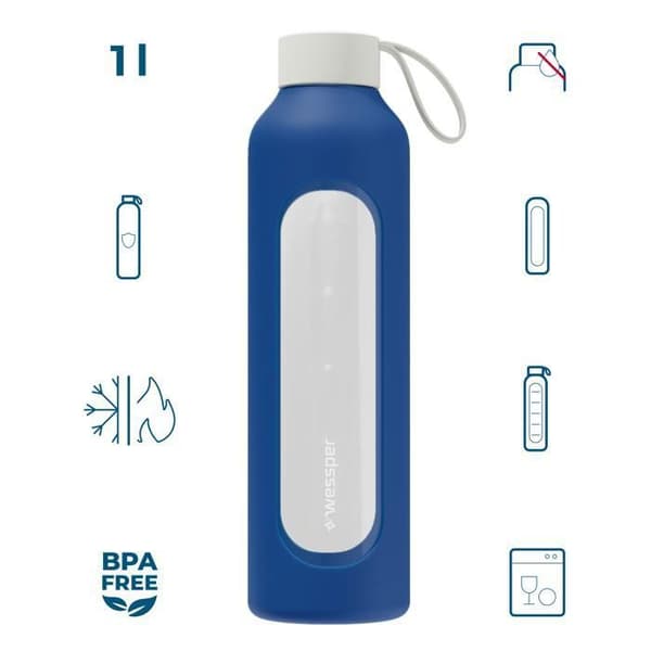 Glasflaska - WESSPER B1 BOROSILICATE - 1000ml - Silikonfodral - marinblå