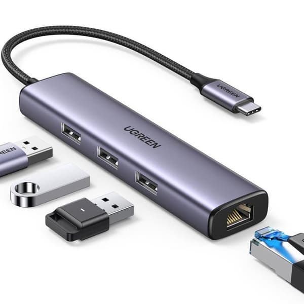 USB-C-adapter - UGREEN - CM475 - 3x USB 3.0 - RJ45 - USB-C PD - Grå