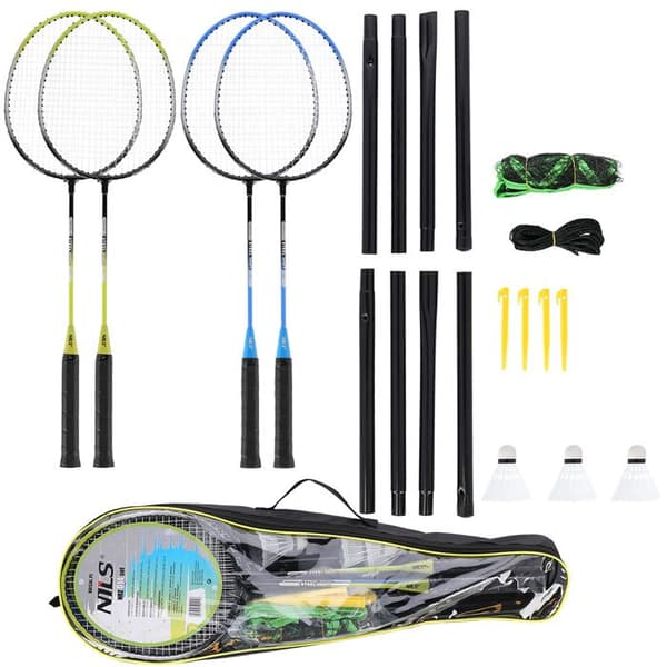 Badmintonset - NILS - 4 racketar - 3 nylonshögar - Nät 195x22 cm - Fällbara stolpar
