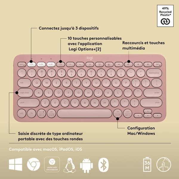 Tangentbord - Trådlöst - Logitech - Pebble Keys 2 K380s - Lättbyteknapp - Rosa