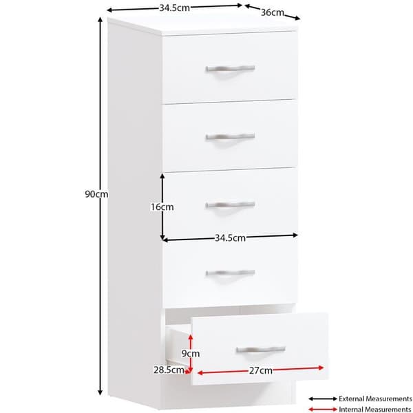 Kommod - Riano - 5 lådor - Modern design - Vit