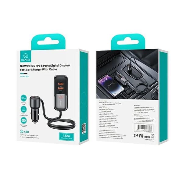 Bil-laddare - USAMS - C40 - 3xUSB - 2xUSB-C - 165W - Snabbladdning
