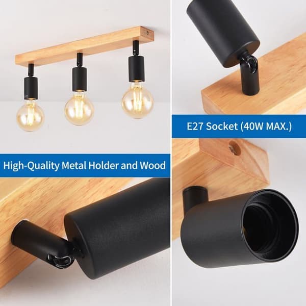 ANWIO Taklampa 3 vridbara spotlights E27 Svart - Rektangulär bas i trä, modern design
