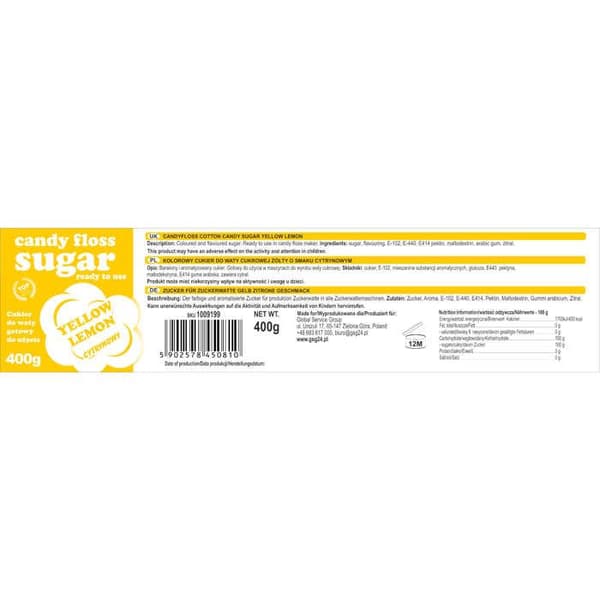 Färgglad sockervadd i citrongul 400 g