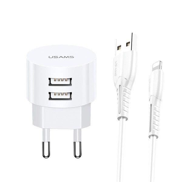 Laddare - USAMS - Snabbladdning - Dubbel USB - 2 USB-portar - Resa - Vit