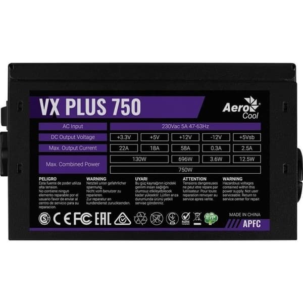 Strömförsörjning - AEROCOOL - PGS VX-750PLUS - 80+ - 750W - Svart