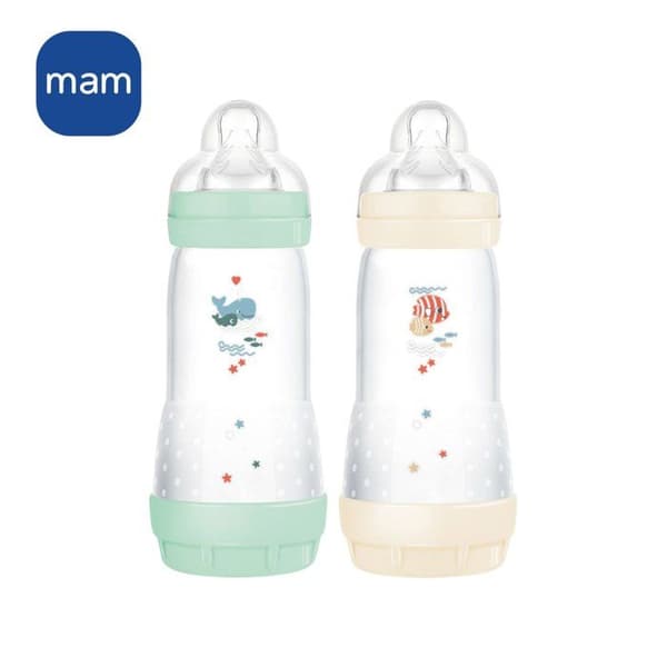 Set med 2 nappflaskor - MAM - Enkel start - Antikolik "Classic" - 320 ml - Flödeshastighet 3 napp - Mint + Bomull