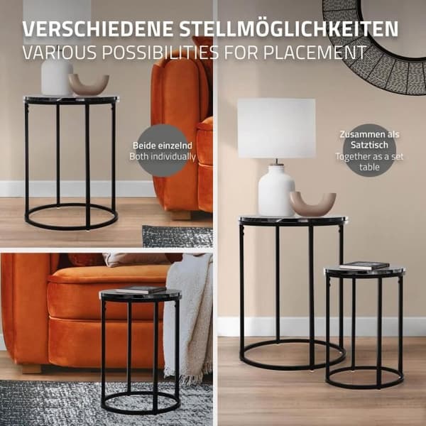 Sidoffbord - ML-DESIGN - Rund - Svart - Metall/Trä Marmoroptik - 2 Storlekar