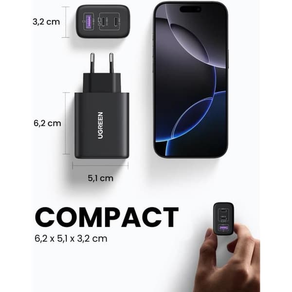 USB-laddare - UGREEN - UGREEN 65W - 3 portar (2x USB-C, 1x USB-A) - Snabbladdning 65W - Kompatibel med iPhone/MacBook/Galaxy
