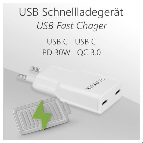 Maxtrack Laddadapter 30 W 2x USB-C® Power Delivery 3.0, Snabbladdning