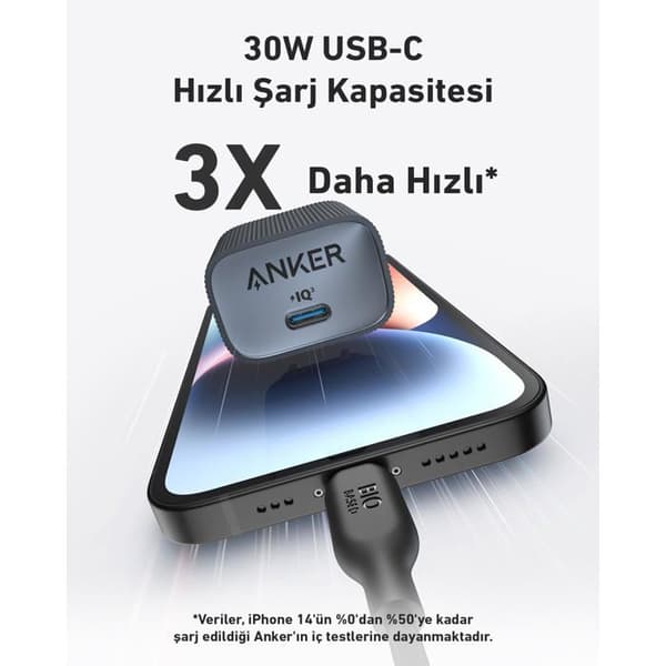 USB C-laddare - Anker - Nano - 30 W - PIQ 3.0 Snabbladdning - Vit