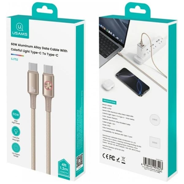 USAMS USB-C till USB-C kabel 1,2 m, snabbladdning, titan