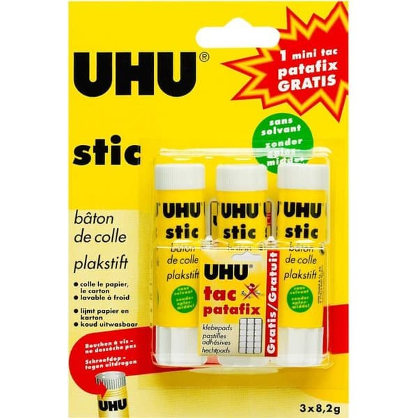 UHU Set med 3 Stic 8,2g + prov av patafix