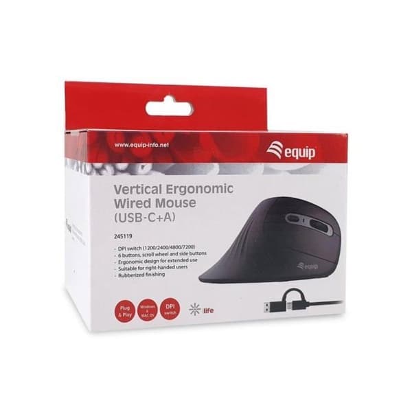 Mus - EQUIP - 245119 - Vertikal ergonomisk design - USB Typ A/Typ C - 7200 DPI