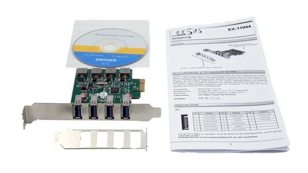 EXSYS EX-11044 PCIe x4 kontrollerkort - 4 USB 3.2 Gen 1-portar (2 externa + 2 interna) Low Profile