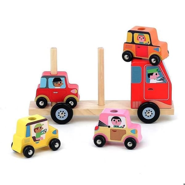 Väckningsspel - Stapla bilen Stad - I trä - 4 fordon - Från 2 år