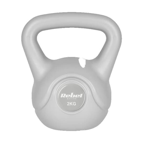 Grå kettlebell på 2 kg, vikt för magövningar.