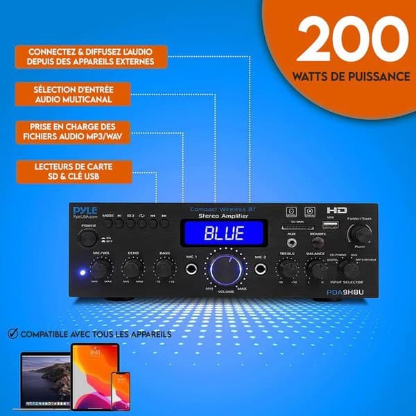 Pyle Bluetooth-förstärkare 200W multi-kanal – HDMI, USB/SD, FM, mikrofon, fjärrkontroll
