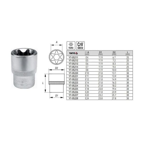 Torx-hylsa - YATO - E14 - Fyrkant 1/2" - Hylsa E14